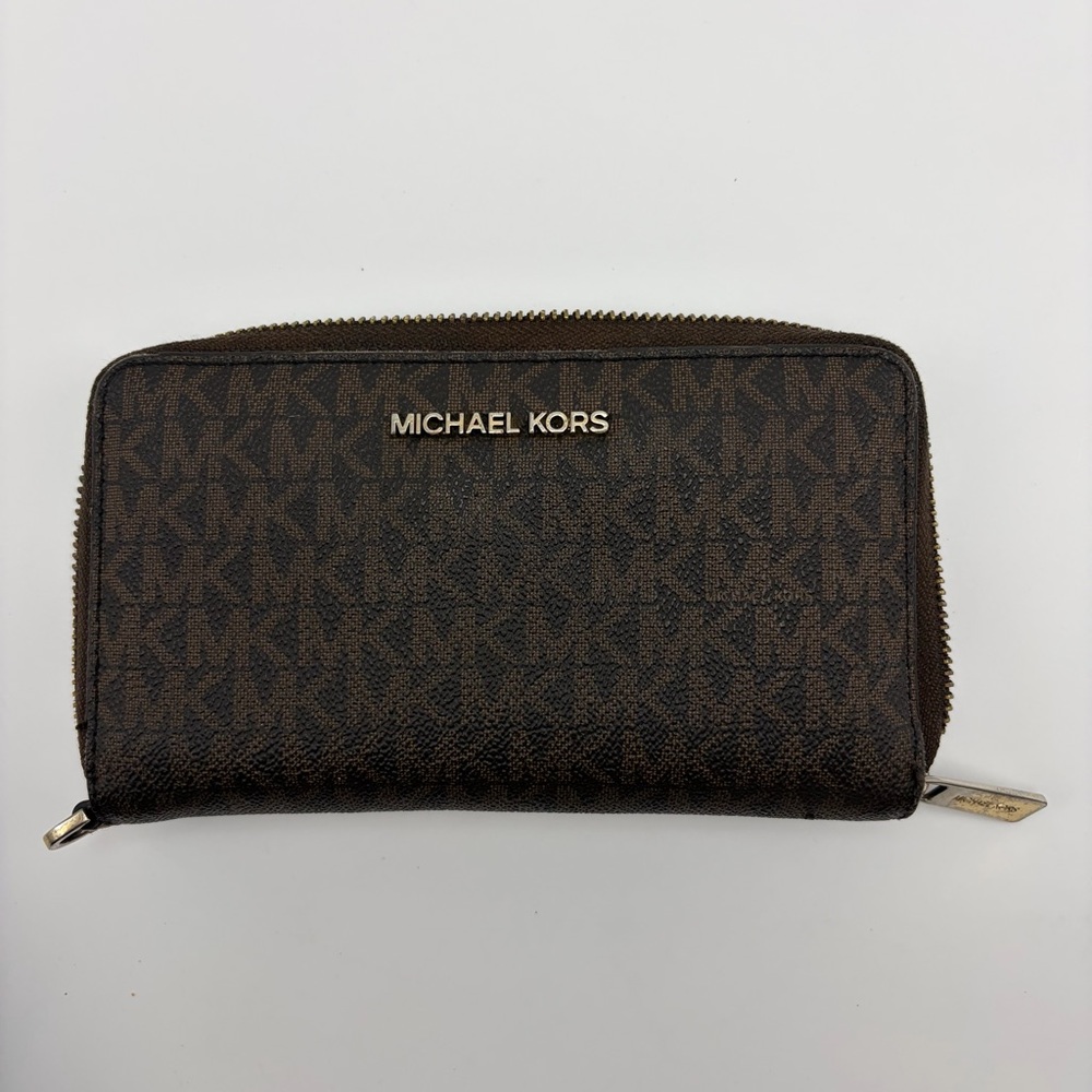 Michael Kors Women's Jet Set Travel Wallet Wristlet MK Signature Brown Leather